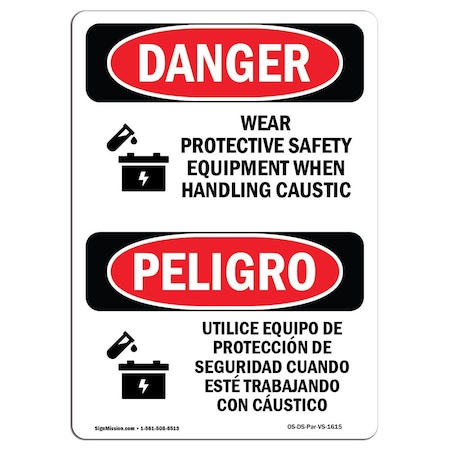 OSHA Danger, Wear PPE Handling Caustic Bilingual, 5in X 3.5in Decal, 10PK